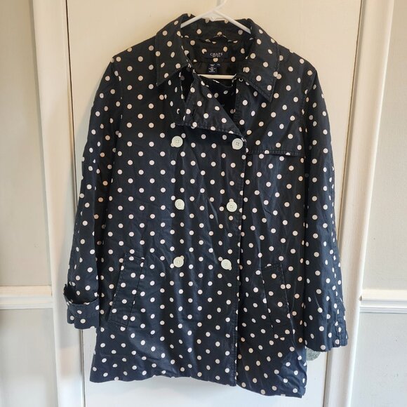 Chaps Womens Petite Large Jacket Size Collared Polka Dot Trench Black White - Picture 1 of 5